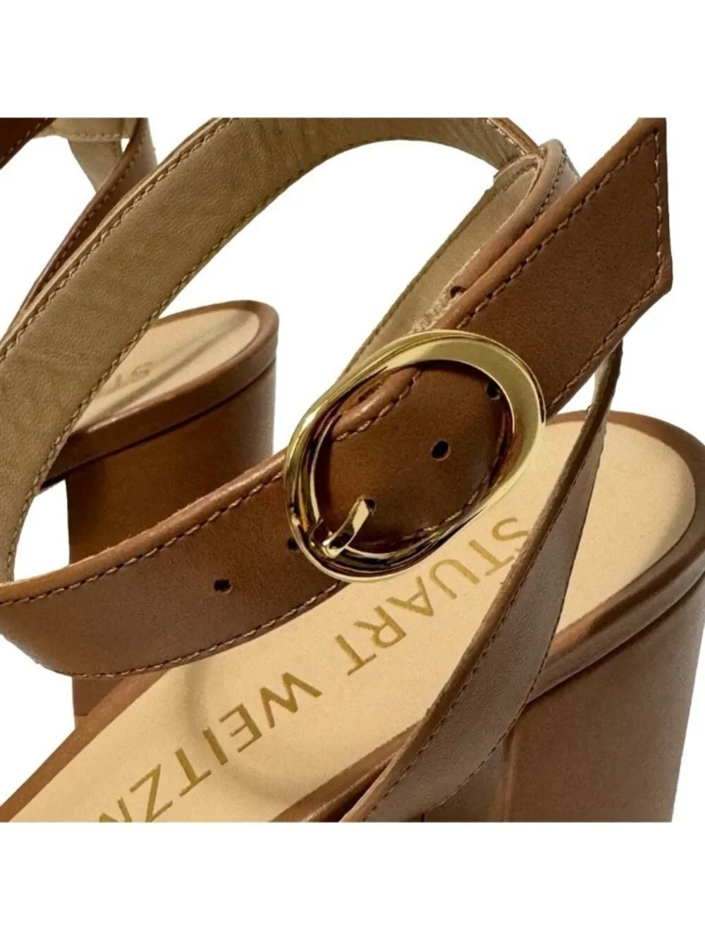 Stuart Weitzman Nearlybare Sandals-Sz 10-Tan Brown Block Heel Leather NEW IN BOX